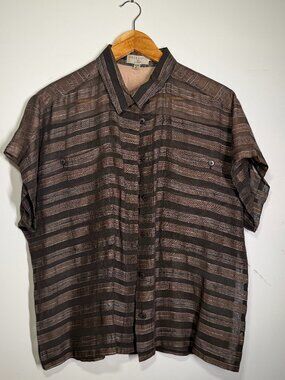 VTG Miichi Moon for Sanyo Women's Oversized Brown Striped Button-down Shirt